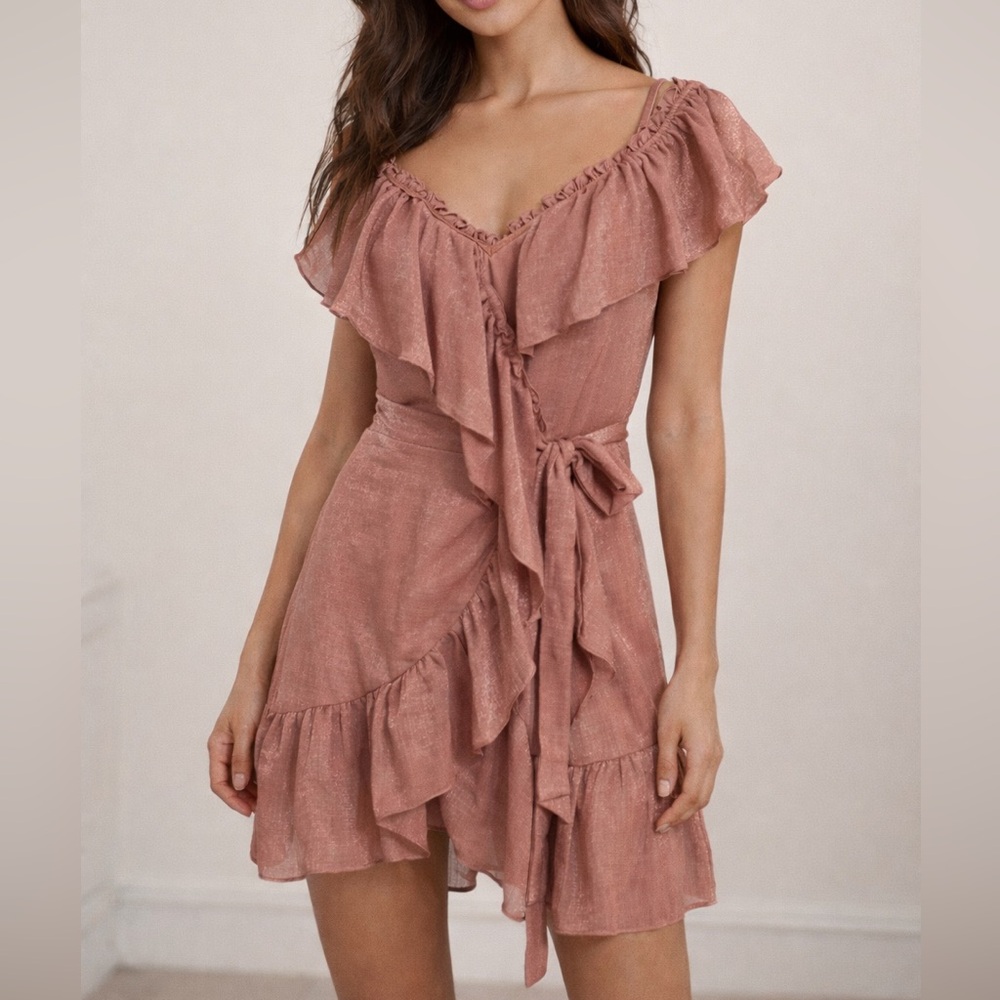 Storia Wrap Ruffled Mini Dress in Dusty Shimmer Rose Coquette Flirty Sexy Small